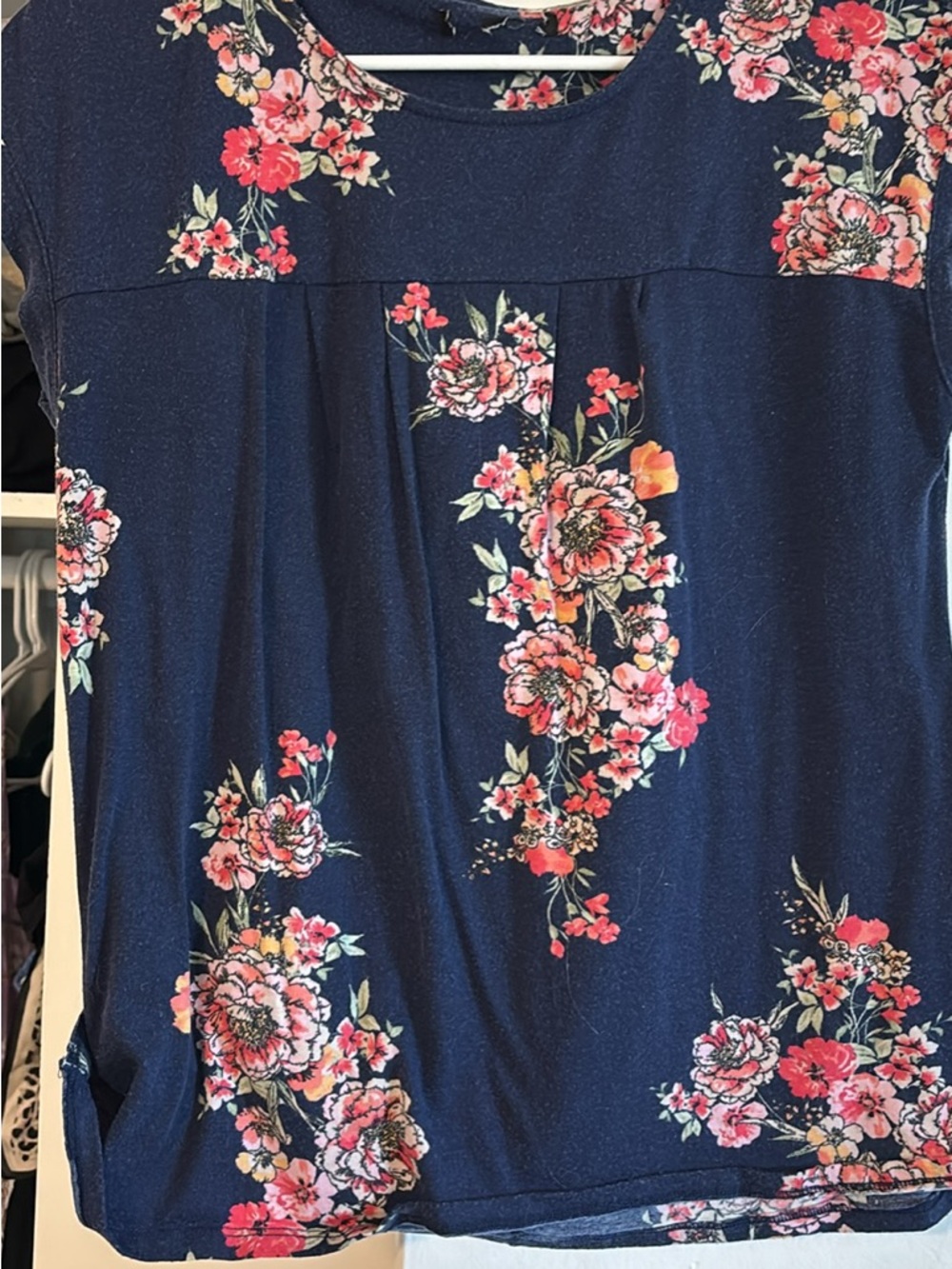 Navy Floral Short Sleeve Top - Pink & Coral Blooms